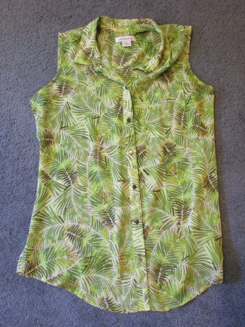 NWOT Liz Claiborne Large Green Leaf Pattern Chiffon Button Shirt Sleeveless Pkt